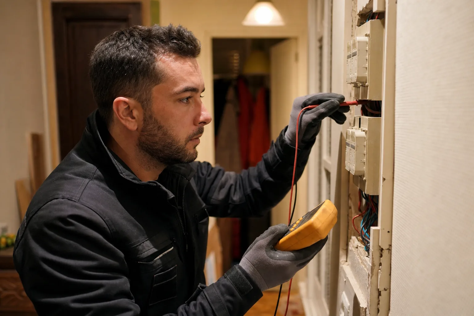Électricien testant une prise électrique au multimètre lors d'un dépannage