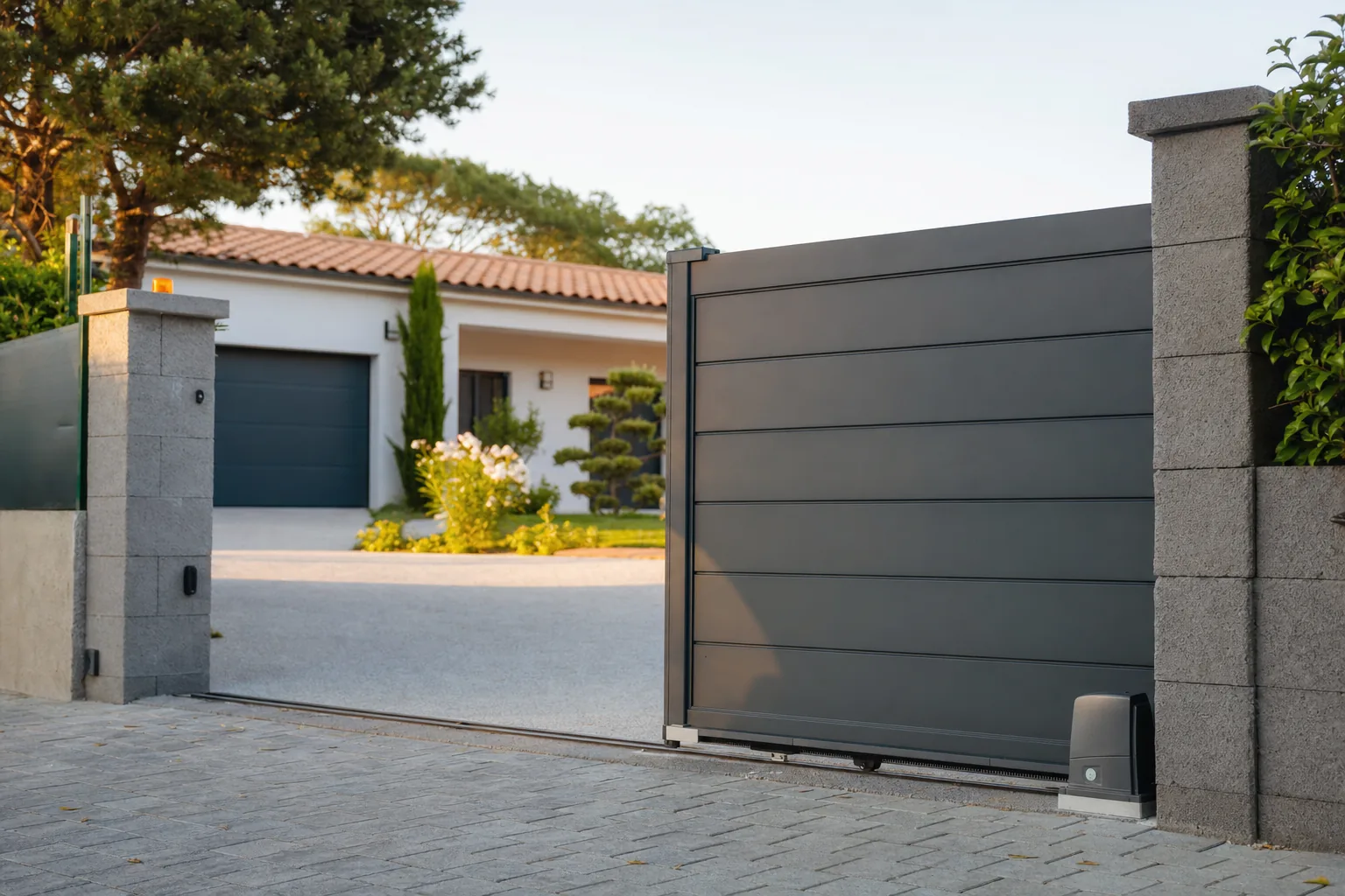 Portail coulissant motorisé s'ouvrant à l'entrée d'une maison, avec moteur électrique discret