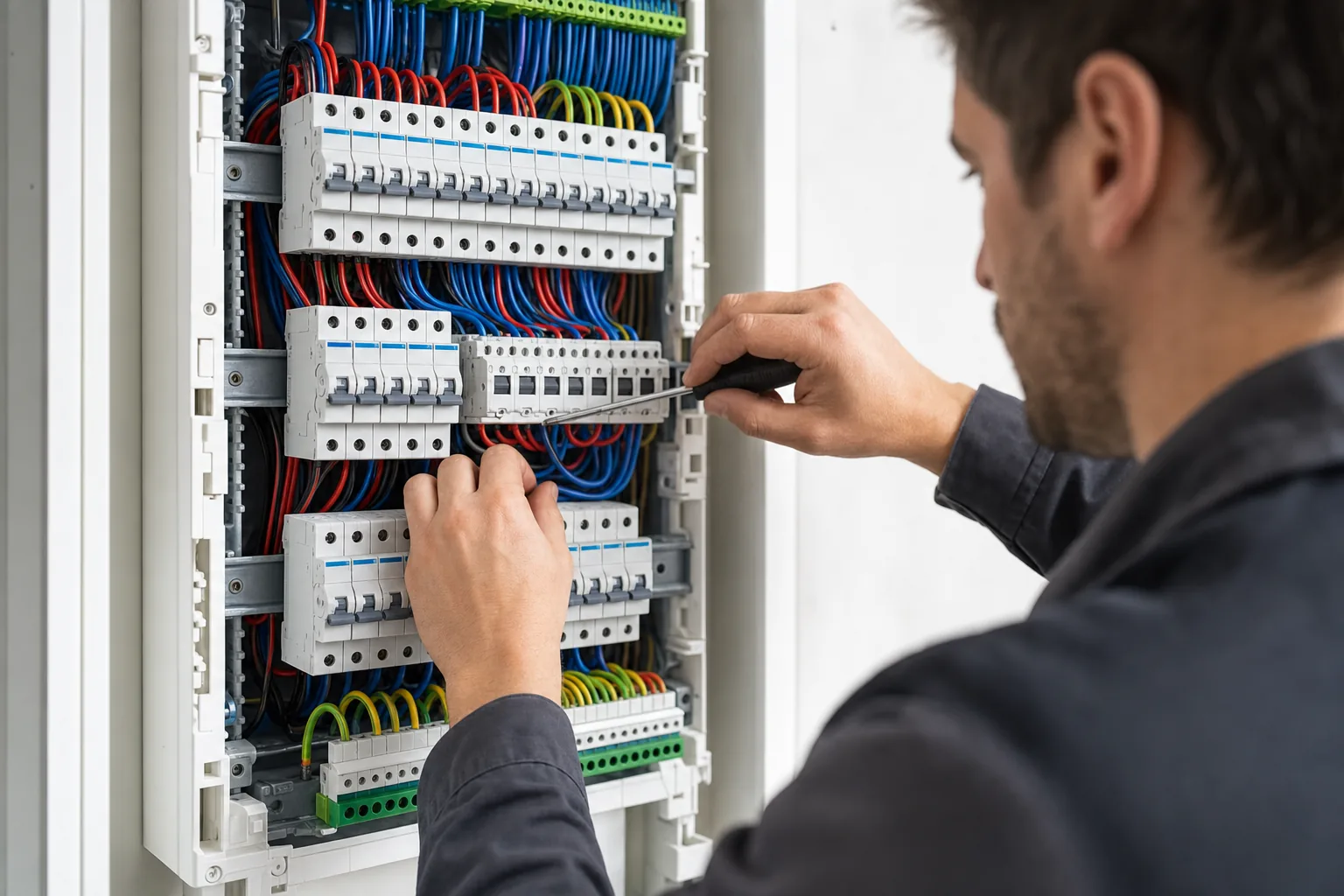 Électricien câblant un tableau électrique moderne avec disjoncteurs alignés et fils rangés